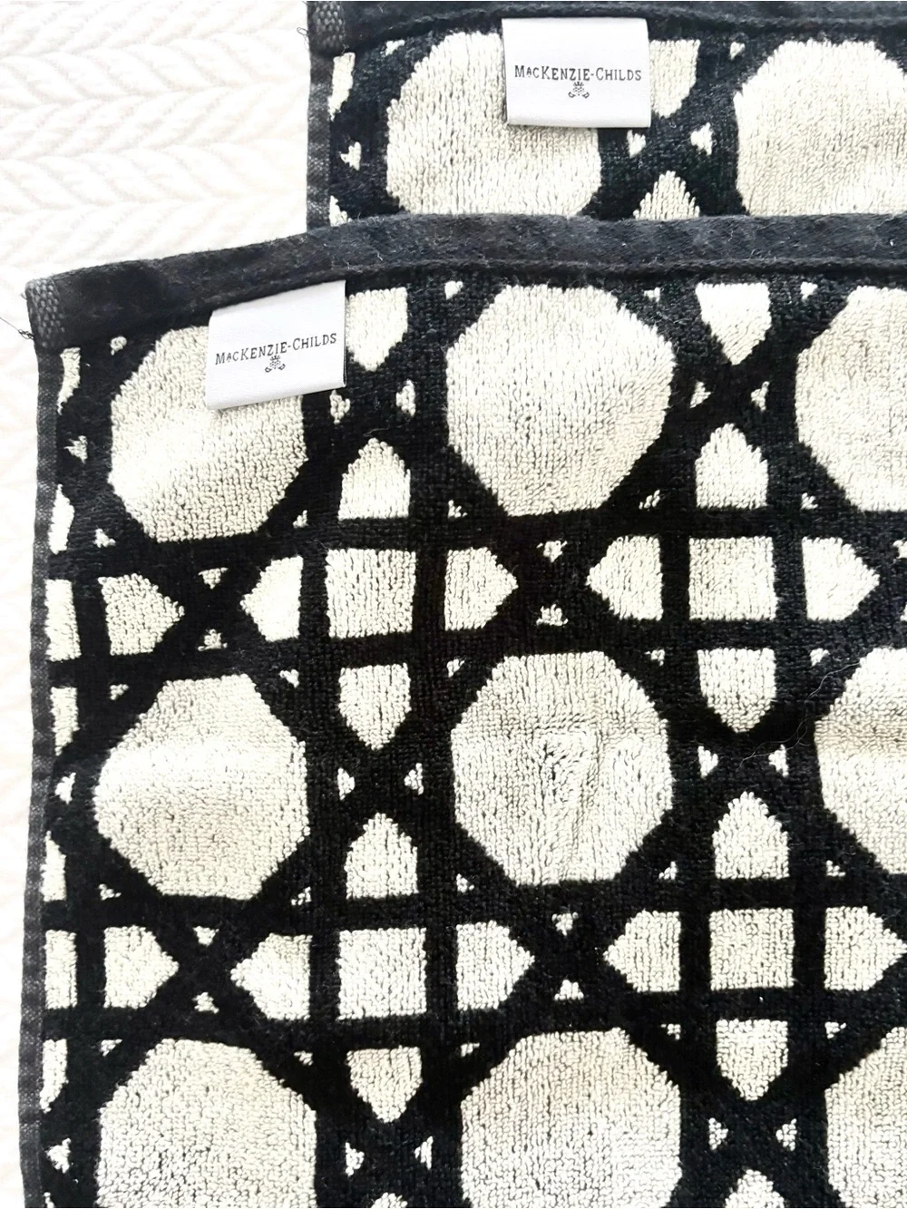Mackenzie Childs Set of 2 Washcloths Trellis black and white pattern Brand NEW!
